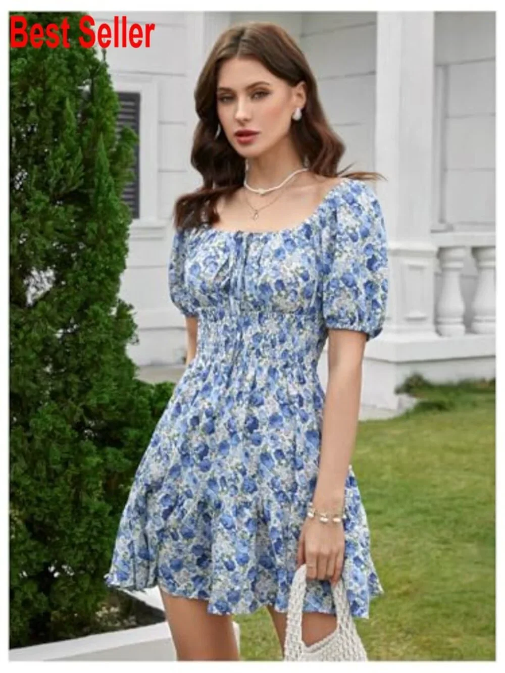 Polyester Boho Square Neck Puff Sleeve A-Line Mini Dress - Picture 4 of 6
